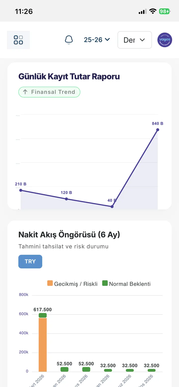VAYOS nakit akış öngörüsü ekranı
